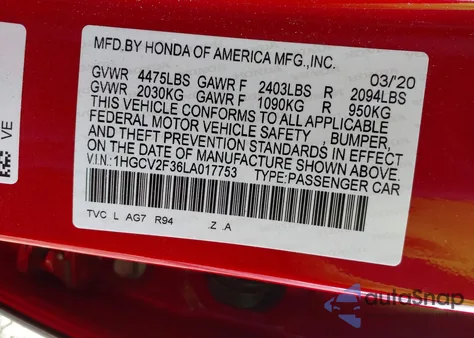 2020 Honda Accord Sport 2.0T из США, поврежденный, VIN 1HGCV2F36LA017753